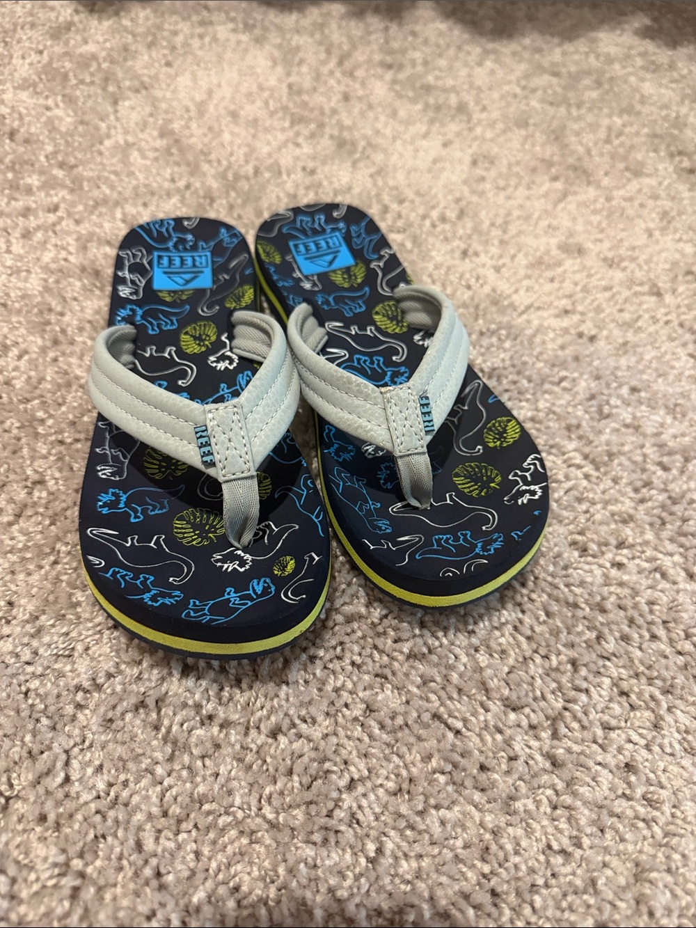 Reef Kids Flip Flops in Navy with Light Gray Straps and Blue-Green Dino Print